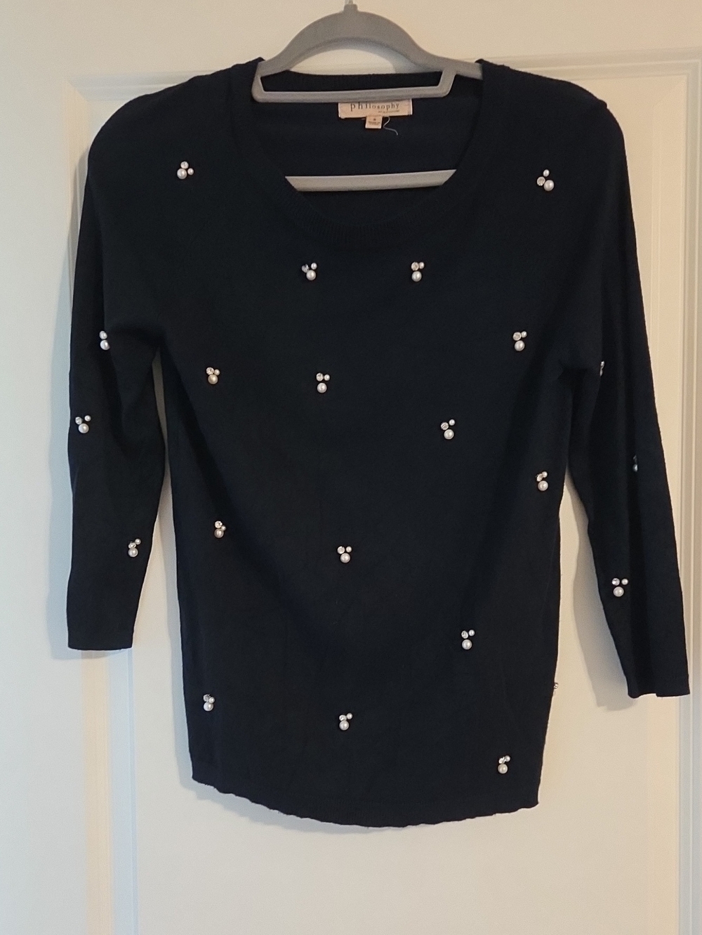 Philosophy Navy Blue Sweater with Pearl Cluster Embellishments